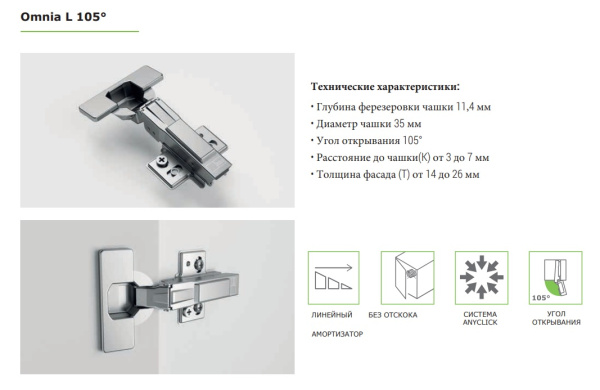 Omnia L Петля 105° 1/2 накладная с демпфером присадка Blum под саморез